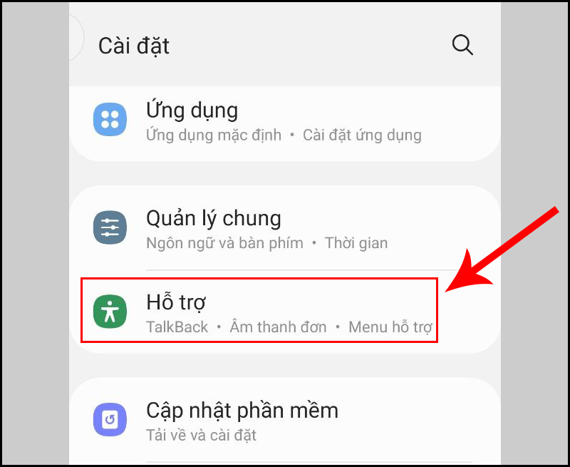 Truy cập v&agrave;o mục Hỗ trợ sau khi mở C&agrave;i đặt